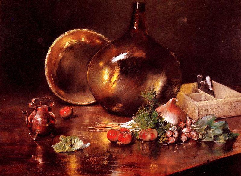 William Merritt Chase Still Life Brass and Glass Date